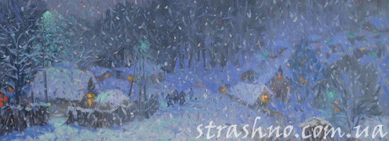 Падающий снег в зимней деревне